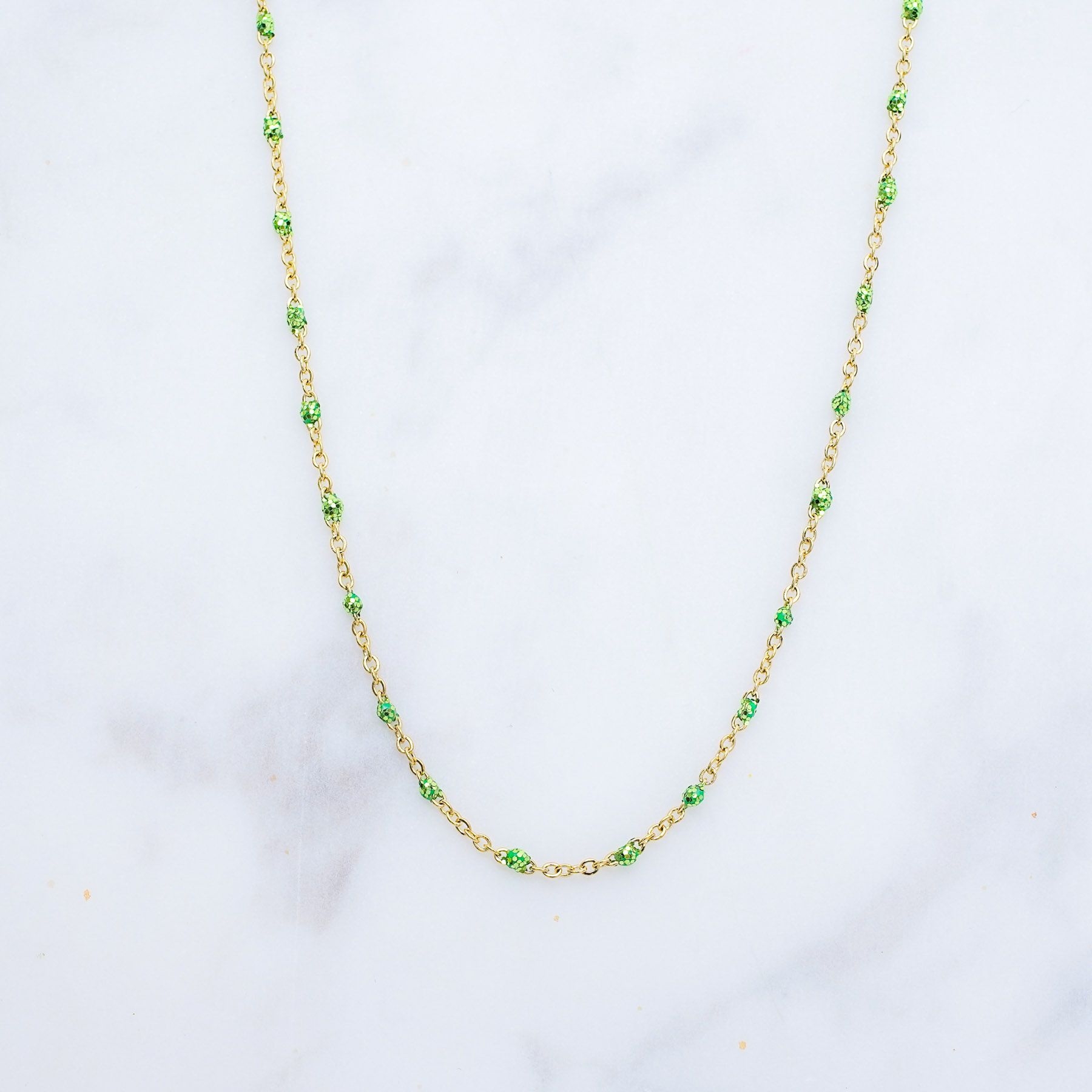 ROSE NECKLACE - GOLD & GLITTER LIGHT GREEN ' - ' ΡΟΖΑΡΙΑ