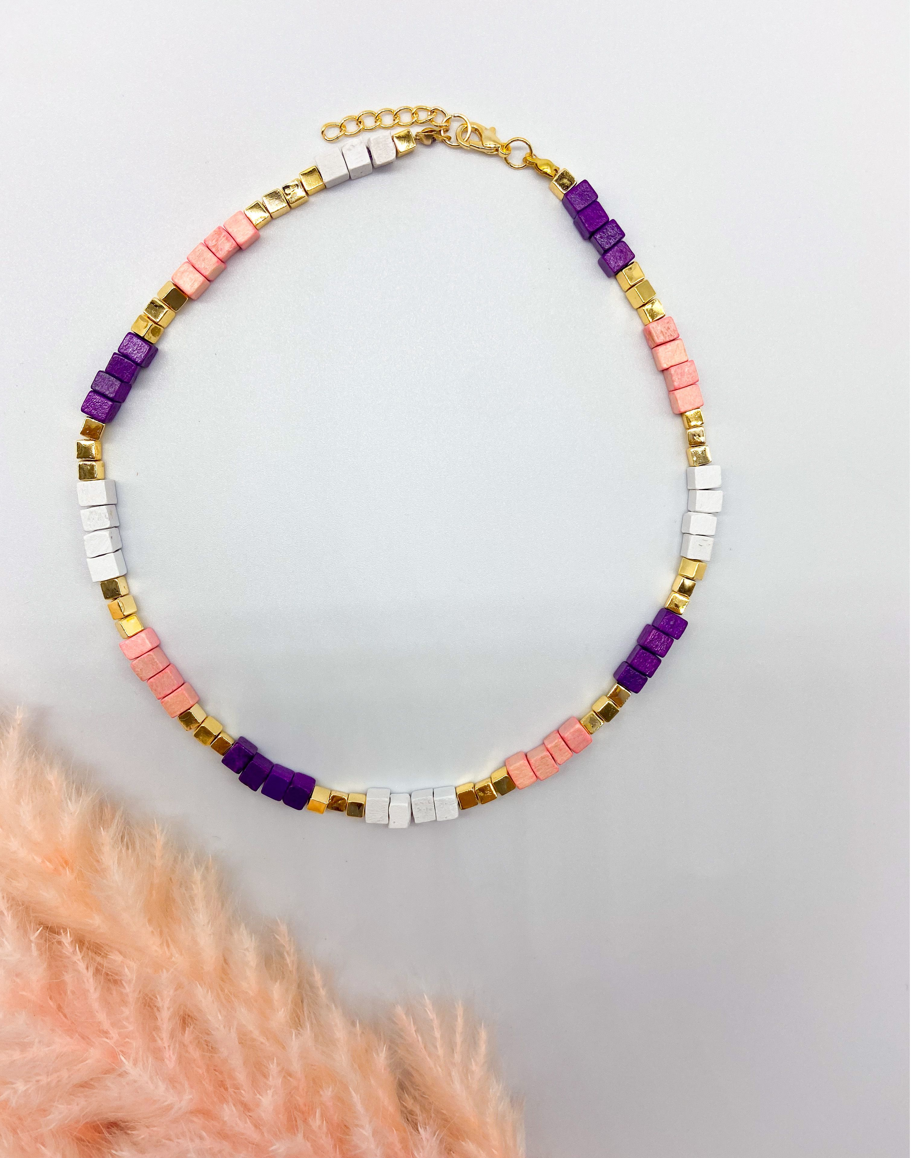 SKOPELOS NECKLACE - WHITE PINK & PURPLE ' - ' ΜΕ ΧΑΝΤΡΕΣ